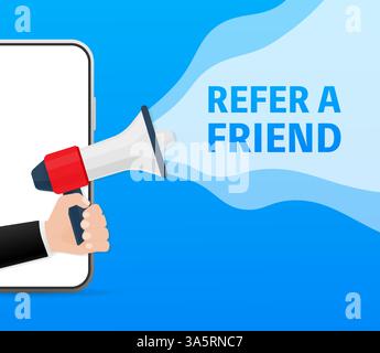 Template with blue refer a friend hand holding megaphone on red background for flyer design. Vector illustration in flat style. Stock Vector