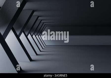 Futuristic geometric dark hall interior with abstract diagonal shadows - 3D Illustration Stock Photo