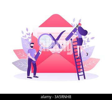 Banner for concept design. Check mark icon vector design. Flat vector character illustration. Red rejected envelope on white background. Stock Vector
