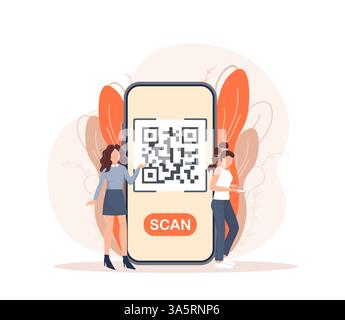 Scan qr code people, great design for any purposes. 3d vector background. Flat design. Vector character illustration. Stock Vector