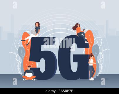 Flat 5g people on light background. Digital communication. Internet technology. Stock Vector
