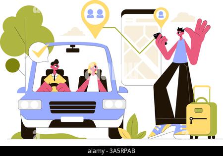 Ride Sharing Vector Illustration Featuring Shared Transportation Services Using Vehicles to Transport Passengers from One Place to Another Stock Vector