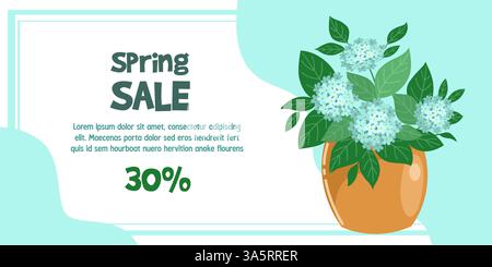 Garden hydrangea banner for seasonal sale for flower stores and nurseries. Vector illustration Stock Vector