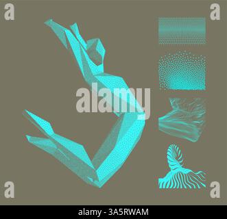 Jumping man from polygons and dotted style. Splashing water from an array with particles. Modelling a curved virtual space from a mesh. Background wit Stock Vector