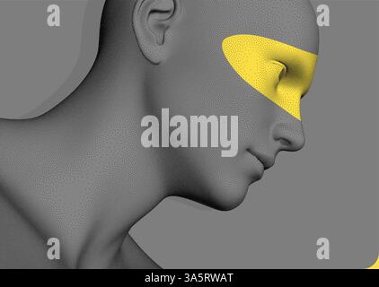 Side view of a human head formed from dots. Face Recognition. Digital face with colour highlighting effect of eye area. Concept of technology, anonymi Stock Vector
