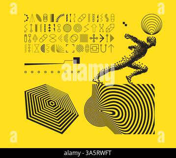 Icon set in thin line style. Collection of different graphic elements. Running man or marathon runner. 3D human body model. Striped lines pattern in h Stock Vector