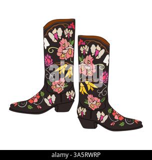 Vintage Cowboy Boots with Floral Embroidery art Stock Vector