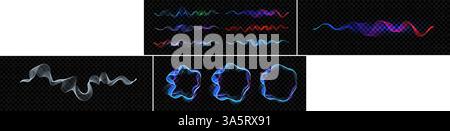 Sound waves set, glowing equalizer lines, light electric pulses with neon glow. Audio frequency energy, lightning impulse. Digital signal for tech Stock Vector