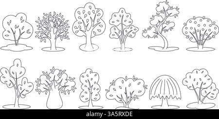 Trees black outline set. Minimal style, simple line images of different trees. Clip art. Vector graphics Stock Vector