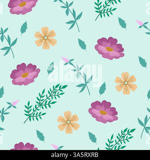Seamless pattern with flowers, floral endless ornament on blue background. Vector illustration Stock Vector