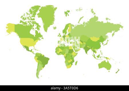This vector representation features a blank political world map utilizing the Mercator projection, displaying regions and continents in various shades of green for easy identification. Stock Vector