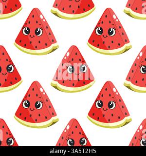Cute Watermelon Seamless Pattern with Smiling Cartoon Faces Stock Vector