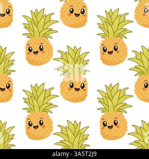 Seamless Pineapple Pattern with Cute Kawaii Summer Fruits Stock Vector