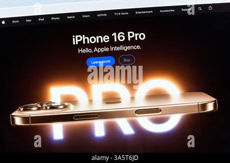 Apple.com website homepage with iPhone 16 Pro and Apple Intelligence Stock Photo