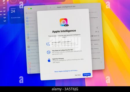 Apple imac computer screen with Apple Intelligence & Siri control panel, turn on AI Stock Photo