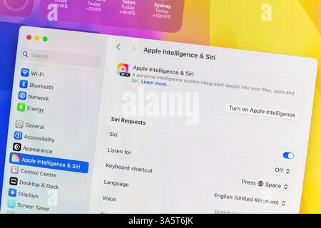 Apple imac computer screen with Apple Intelligence & Siri control panel, turn on AI Stock Photo