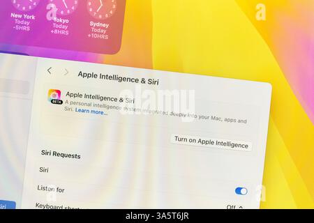 Apple imac computer screen with Apple Intelligence & Siri control panel, turn on AI Stock Photo