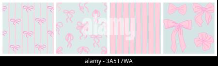 Coquette seamless pattern set. Pretty Girly Bows, Lines and Dots in Pastel Pink and blue colours. Trendy feminine romantic template for wedding cards, nursery, invitations, wrapping. Vector Illustration. Stock Vector