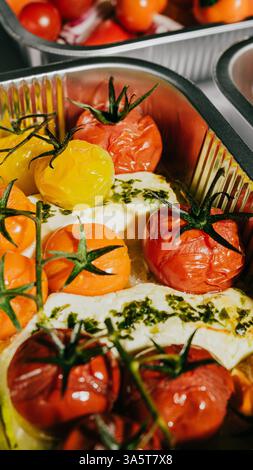 A tray of assorted vegetables including tomatoes and carrots. The tray is covered in plastic wrap. The vegetables are arranged in a way that makes the Stock Photo