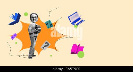 Woman carrying books smiling amid abstract shapes, floating icons, and math symbols. Contemporary art collage Stock Photo