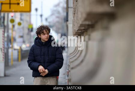 Berlin, Germany. February 23, 2025. A person walks by a wall of stones. Stock Photo