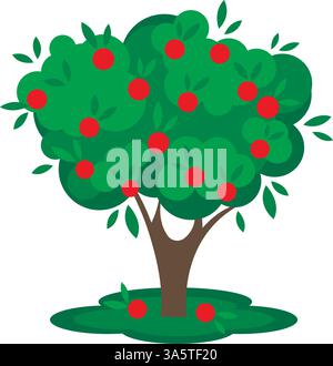 Single apple tree with ripe red fruits. Simple illustration of fruit-bearing fruit tree in harvest season. Lush green crown of tree with apples Stock Vector