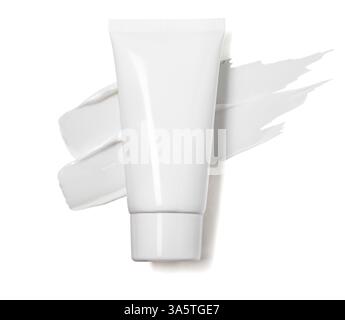 White cosmetic tube placed on an artistic background of a smear cosmetic cream is ideal for creating a beauty brand. Stock Photo