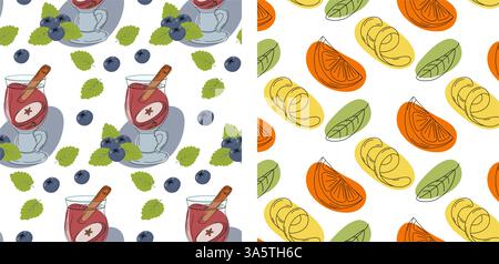 Mulled wine Glass mug on stem Cinnamon stick Berry Mint Lemon slice Citrus rind Seamless Pattern Set. Isolated Vector illustration Wallpaper Wrapping or web promo banner Thematic cards, label, posting Stock Vector
