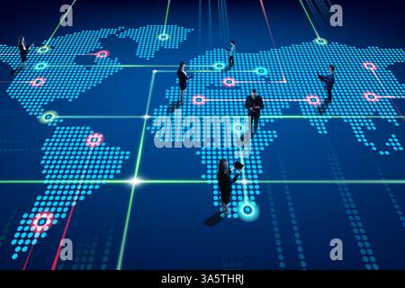 Business users standing on digital map with light nodes representing data points, network traffic and global connectivity Stock Photo