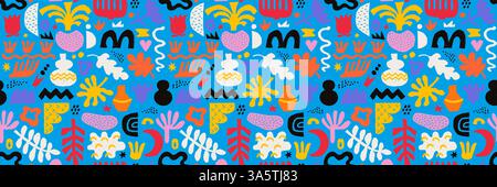 Abstract seamless pattern with various shapes, figures and freeform blobs. Modern trendy vector seamless background with various plants and doodles in Stock Vector