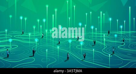 Business people working in vibrant topographic data field, illuminated by network beams, representing synergy between technology, data and innovation. Stock Photo