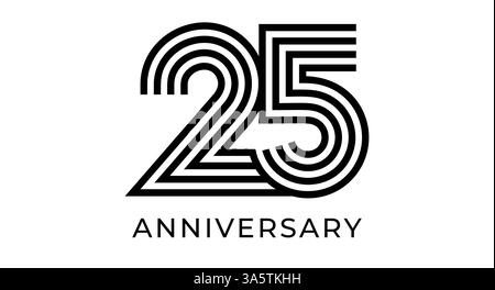 25th anniversary sign, striped geometrical number 25 for greeting card, birthday event design, business marketing materials, wedding jubilee logo Stock Vector