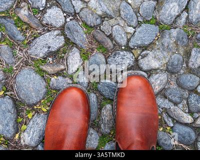 A close-up view of brown leather boots standing on a textured stone pathway with patches of green moss and grass. Stock Photo