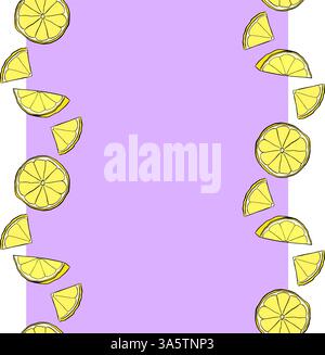 Citrus lemon slices vertical seamless border. Vector graphic line ink ...