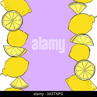 Lemons citric fruits whole and slices seamless horizontal border frame. Hand drawn vector graphic line ink yellow colored illustration. Ideal for menu Stock Vector