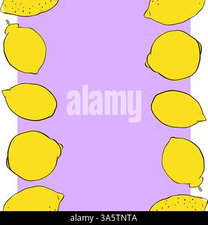 Lemon whole fruit seamless vertical border frame isolated on transparent background. Vector graphic line ink yellow colored illustration. art for food Stock Vector