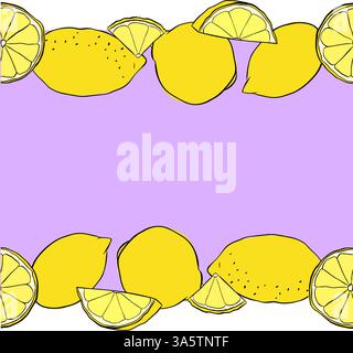 Lemons cut, slices and whole seamless horizontal border frame. Yellow colored Citrus lemons line graphic ink vector art. Template for food design, rec Stock Vector