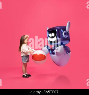 Composite image of interacting with 3D model of robot, playing with toy ball. Playful interaction and early tech education. Stock Photo
