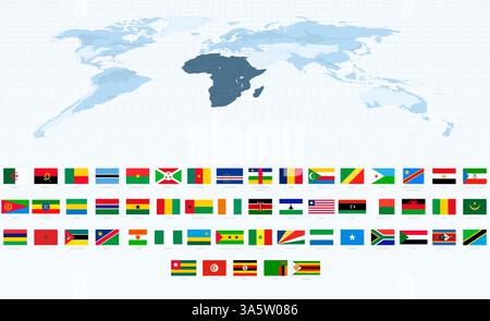 African Flags in Accurate Proportions Alongside a World Map Focusing on Africa. Vector Collection. Stock Vector