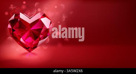 A gleaming red heart-shaped gemstone is set against a gradient red background with scattered light effects, adding a romantic and elegant atmosphere. Stock Vector