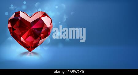 A faceted red heart-shaped gemstone is set against a gradient blue background with scattered light effects, adding a romantic and elegant atmosphere. Stock Vector