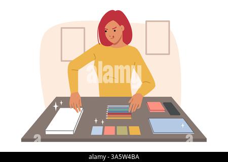 Obsessive-compulsive disorder or ocr in woman, arranging stationery items on table Stock Vector