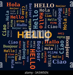 Word Cloud - Hello in Different Languages -  5 Languages on Dark Background Stock Vector