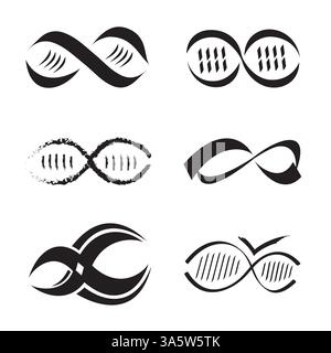 Set of Infinity Symbol Icons in DNA Molecule Shape, Black and White Vector Stock Vector