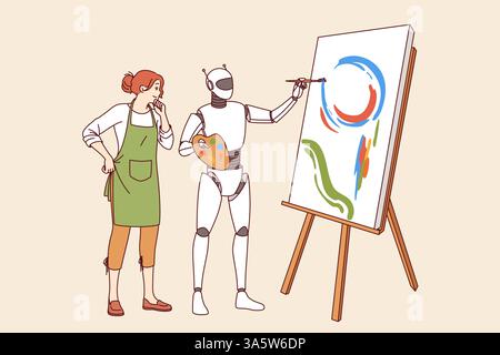 Robot with artificial intelligence stands next to woman artist and creates masterpiece on easel. Robot with modern technologies helps artist come up with new creative compositions and paint pictures Stock Vector
