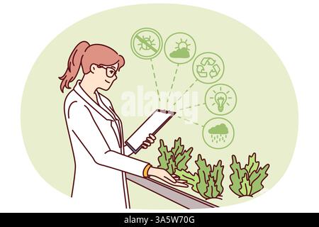 Woman works in hydroponic plant farm growing plants in biological research laboratory. Happy girl in white coat is studying herbs with beneficial properties working in scientific farm. Stock Vector