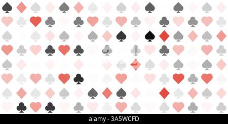 Seamless pattern with playing card suits including hearts, spades, diamonds, and clubs in red, black, and pastel colors on white background Stock Vector