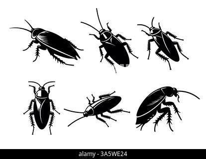 Cockroach silhouette set insect illustration. Cockroach black silhouette icon vector anatomy design Stock Vector