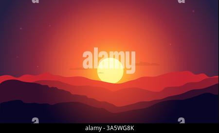 Colorful sunset over mountain landscape with glowing sun, red and orange sky gradient, silhouettes of hills, and soft clouds in evening twilight Stock Vector