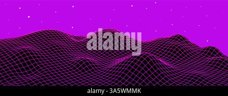 Retro digital landscape wireframe grid background. Mountain futuristic tech retro digital landscape data Stock Vector